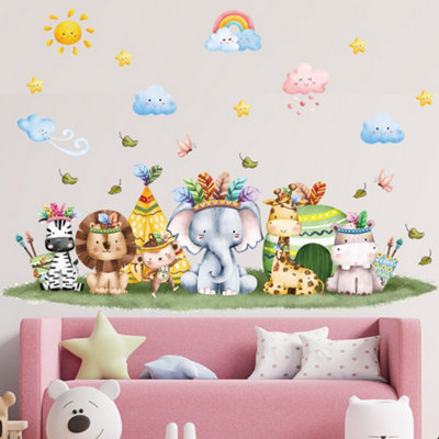 Set of cartoon safari animal wall stickers: cute elephant, zebra ...