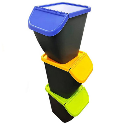 Set Of Colour Coded Pelican Home Kitchen Waste Segregation Bins 3 Bins With 3 Coloured Lids (Green Blue Yellow)