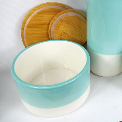 Set of Three Canisters Aqua Green Ceramic Storage Jars with Lids