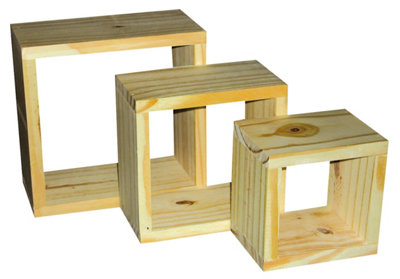 set of three wall hanging cubes, solid pine wood,natural sanded