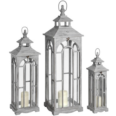 Set  Of  Three  Wooden  Lanterns  With  Archway  Design