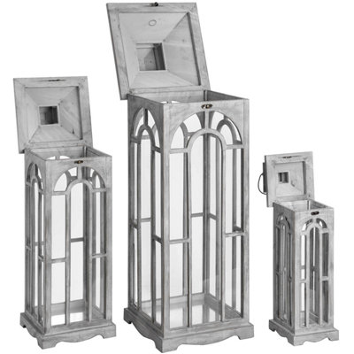 Set  Of  Three  Wooden  Lanterns  With  Archway  Design