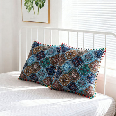 Set of Two Blue Exotic-style Faux Linen Double-sided Pattern Throw ...