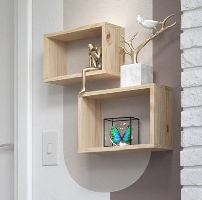 Set of Two Floating Wall Shelves - Rectangular, Solid Pine, Natural ...