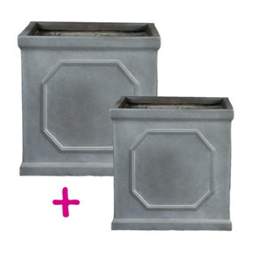 Set of two IDEALIST Faux Lead Chelsea Box Square Grey Light Stone Planters: L22 W22 H22 cm, 11L + L37 W37 H38 cm, 52L