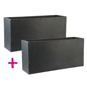 Set of two IDEALIST Faux Lead Dark Grey Light Concrete Trough Planters: L65 W19 H30 cm, 37L + L65 W19 H30 cm, 37L