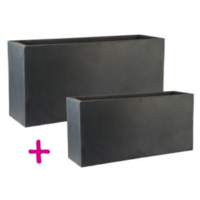 Set of two IDEALIST Faux Lead Dark Grey Light Concrete Trough Planters: L65 W19 H30 cm,L + L85 W26 H41 cm, 91L