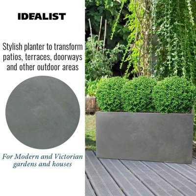 Set of two IDEALIST Grey Light Concrete Trough Planters: L65 W19 H30 cm, 37L + L85 W26 H41 cm, 91L