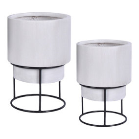 Set of two IDEALIST Lite Smooth Style White Washed Round Indoor Planters on Metal Stand: D24 H35 cm, 5.1L+ D30 H50 cm, 13.5L