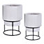 Set of two IDEALIST Smooth Style White Washed Round Indoor Planters on Metal Stand: D24 H35 cm, 5.1L+ D30 H50 cm, 13.5L
