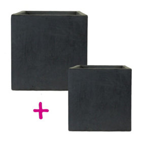 Set of two IDEALIST Square Box Faux Lead Dark Grey Light Concrete Planters: L40 W40 H40 cm, 65L + L50 W50 H50 cm, 126L