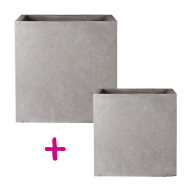 Set of two IDEALIST Square Box Grey Light Concrete Planters: L40 W40 H40 cm, 65L + L50 W50 H50 cm, 126L