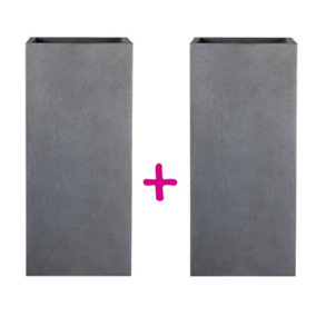 Set of two IDEALIST Tall Square Faux Lead Dark Grey Light Concrete Planters: L27 W27 H60 cm, 44L + L27 W27 H60 cm, 44L