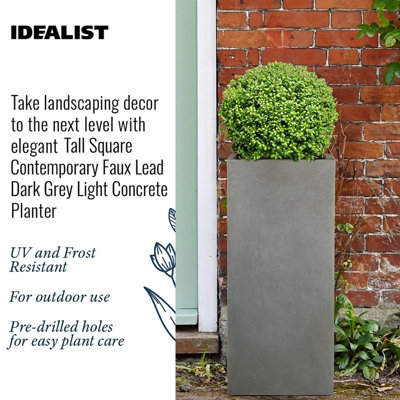 Set of two IDEALIST Tall Square Faux Lead Light Concrete Planters: L33 W33 H70 cm, 79L + L40.5 W40.5 H80.5 cm, 132L