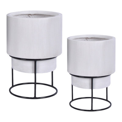 Set of two IDEALIST  White Concrete Effect Round Indoor Planters on Detachable Metal Stands: D24 H35 cm, 5.1L+ D30 H50 cm, 13.5L