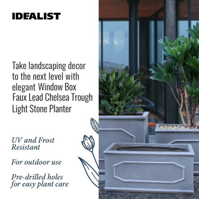 Set of two IDEALIST Window Box Faux Lead Chelsea Trough Light Stone Planters: L40 W17 H17 cm, 12L + L60 W30 H30 cm, 54L