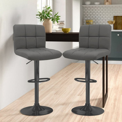 Set of Two Neo Dark Grey Faux Leather Bar Stools with Matt Black Legs