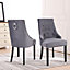 Set of Two Neo Dark Grey Studded Velvet Dining Table Chair with Ring Knocker Detail