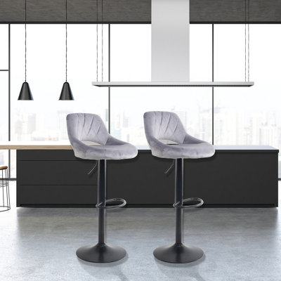 Set of Two Neo Grey Crushed Velvet Bar Stools with Matt Black Legs