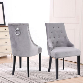 Set of Two Neo Grey Studded Velvet Dining Table Chairs with Ring Knocker