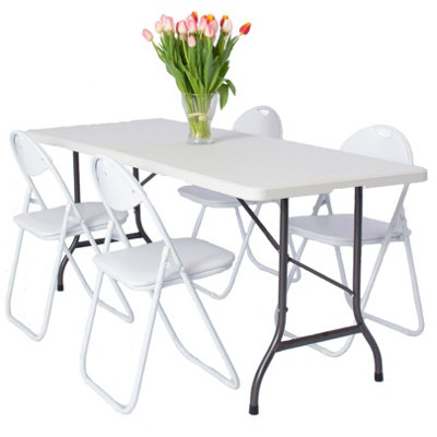 Set of White 6ft (180cm) Folding Trestle Table and 4 Foldable Chairs ...