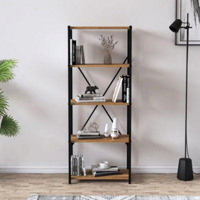 Setup Bookcase Free Standing Storage Shelf with Metal Frame, 60 x 32 x 150 cm 4 Tier Display Shelves, Bookshelf, Pine