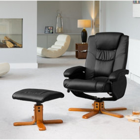 Severn Bonded Leather and PU Swivel Based Based Recliner Chair and Stool with Massage and Heat Black