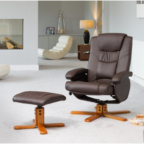 Severn Bonded Leather and PU Swivel Based Based Recliner Chair and Stool with Massage and Heat Brown