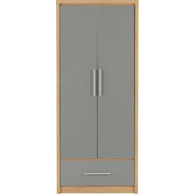 Seville 2 Door 1 Drawer Wardrobe - L47 x W76 x H180 cm - Grey High Gloss/Light Oak Effect Veneer
