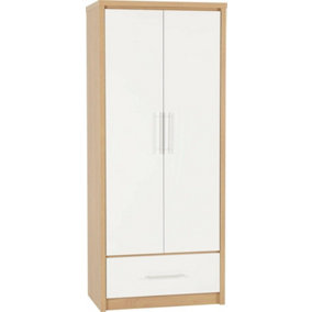Seville 2 Door 1 Drawer Wardrobe - L47 x W76 x H180 cm - White High Gloss/Light Oak Effect Veneer