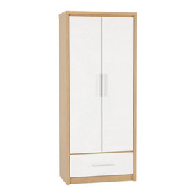 Seville 2 Door 1 Drawer Wardrobe - L47 x W76 x H180 cm - White High Gloss/Light Oak Effect Veneer