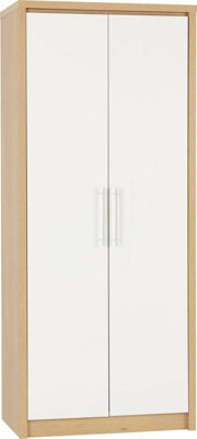 Seville 2 Door Wardrobe in White High Gloss Light Oak Effect Veneer