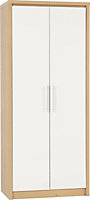 Seville 2 Door Wardrobe - L47 x W76 x H180 cm - White High Gloss/Light Oak Effect Veneer