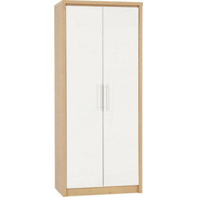 Seville 2 Door Wardrobe - L47 x W76 x H180 cm - White High Gloss/Light Oak Effect Veneer