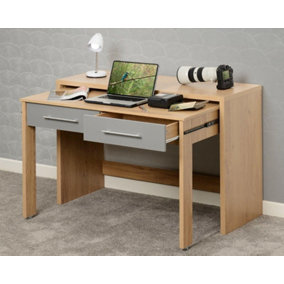 Seville 2 Drawer Slider Desk - L86 x W120 x H83 cm - Grey High Gloss/Light Oak Effect Veneer