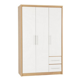 Seville 3 Door 2 Drawer Wardrobe - L47 x W111 x H180 cm - White High Gloss/Light Oak Effect Veneer
