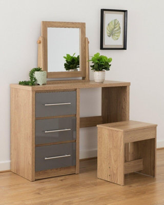 Seville 3 Drawer Dressing Table Set Grey and Oak Effect Dresser Mirror Stool