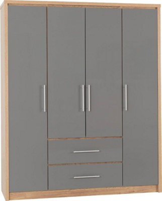 Seville 4 Door 2 Drawer Wardrobe Grey High Gloss and Light Oak Effect Veneer