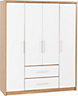 Seville 4 Door 2 Drawer Wardrobe White High Gloss and Light Oak Effect Veneer