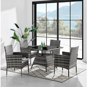 Seville 4 Seater Rattan Garden Bistro Patio Set Square Glass Table Grey With Light Grey Cushions. FREE RAIN COVER