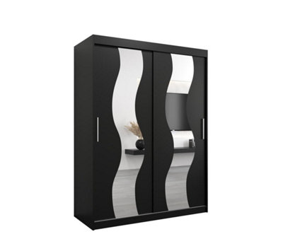 Seville Mirrored Sliding Door Wardrobe with Shelves and Hanging Rails in Black (H)2000mm (W)1500mm (D)620mm