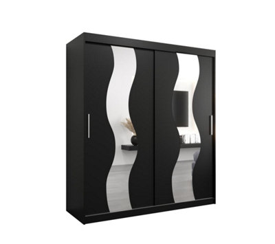 Seville Mirrored Sliding Door Wardrobe with Shelves and Hanging Rails in Black (H)2000mm (W)1800mm (D)620mm