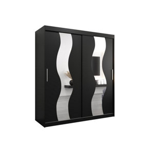 Seville Mirrored Sliding Door Wardrobe with Shelves and Hanging Rails in Black (H)2000mm (W)1800mm (D)620mm