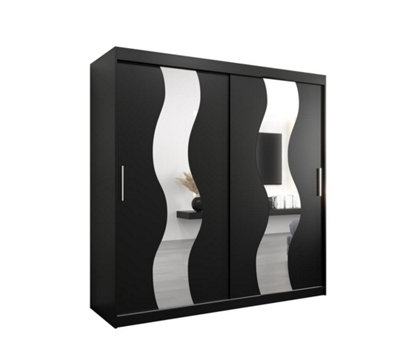 Seville Mirrored Sliding Door Wardrobe with Shelves and Hanging Rails in Black (H)2000mm (W)2000mm (D)620mm