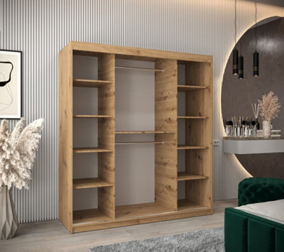 Seville Mirrored Sliding Door Wardrobe with Shelves and Hanging Rails in Oak Artisan (H)2000mm (W)1800mm (D)620mm