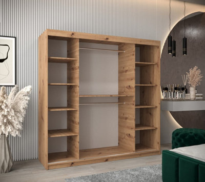 Seville Mirrored Sliding Door Wardrobe with Shelves and Hanging Rails in Oak Artisan (H)2000mm (W)2000mm (D)620mm