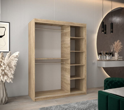 Seville Mirrored Sliding Door Wardrobe with Shelves and Hanging Rails in Oak Sonoma (H)2000mm (W)1500mm (D)620mm