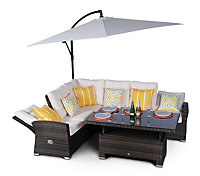 Seville Outdoor Rattan Garden Corner Sofa Dining Set with 3m Parasol - Brown