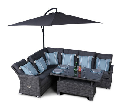 Seville Outdoor Rattan Garden Corner Sofa Dining Set with 3m Parasol - Grey