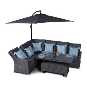 Seville Outdoor Rattan Garden Corner Sofa Dining Set with 3m Parasol - Grey